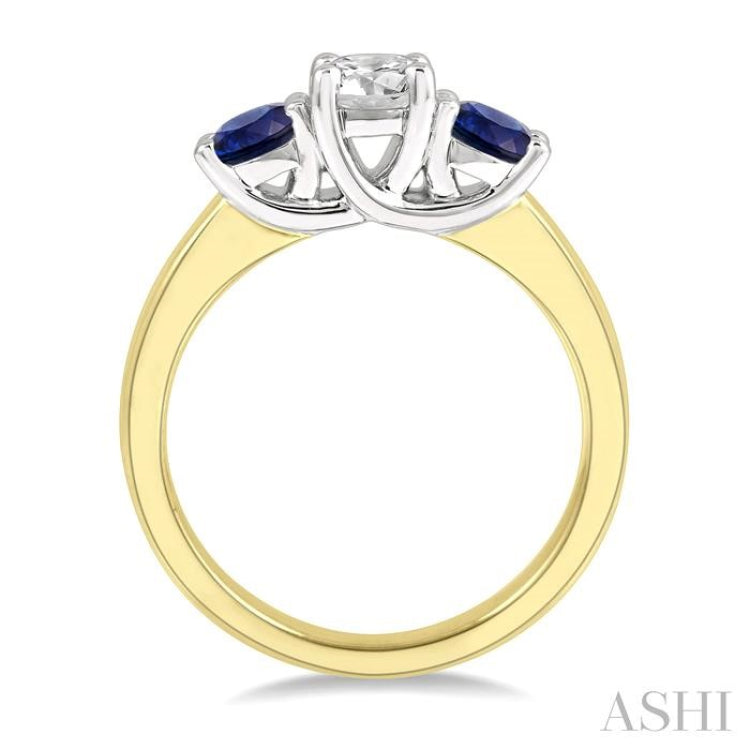 3.90 MM Round Shape Sapphire and 1/2 ctw Past, Present and Future Round Cut Diamond Precious Ring in 14K Yellow and White Gold
