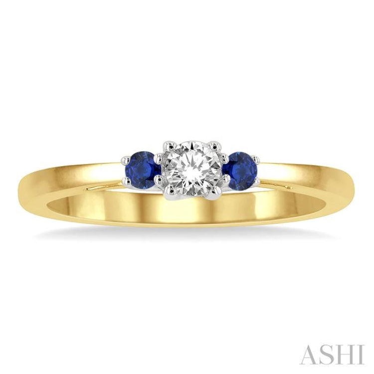 2.15 MM Round Shape Sapphire and 1/6 ctw Past, Present and Future Round Cut Diamond Precious Ring in 14K Yellow and White Gold