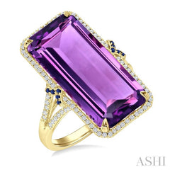 22X10 MM Evoque Gemstones Emerald Shape Amethyst and 0.80 MM Round Sapphire & 1/4 Ctw Round Cut Diamond Halo Semi-Precious Ring in 14K Yellow Gold