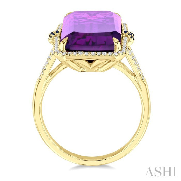 22X10 MM Evoque Gemstones Emerald Shape Amethyst and 0.80 MM Round Sapphire & 1/4 Ctw Round Cut Diamond Halo Semi-Precious Ring in 14K Yellow Gold