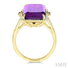 22X10 MM Evoque Gemstones Emerald Shape Amethyst and 0.80 MM Round Sapphire & 1/4 Ctw Round Cut Diamond Halo Semi-Precious Ring in 14K Yellow Gold