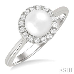 6 MM White Cultured Pearl and 1/6 Ctw Round Cut Diamond Halo Ring in 10K White Gold