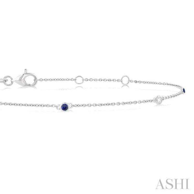 1.75 MM Sapphire and 1/20 Ctw Round Cut Diamond Precious Station Bracelet in 14K White Gold