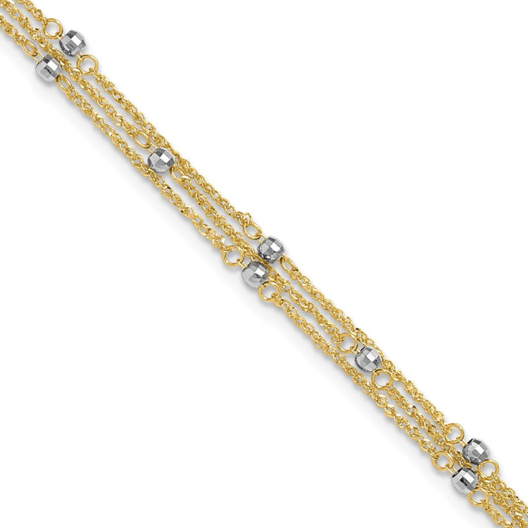 14k Two-tone 3-Strand Chain with Mirror Beads 9 inch Plus 1 inch Extender - Total 10 inch Anklet