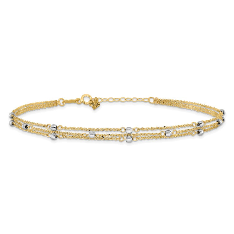 14k Two-tone 3-Strand Chain with Mirror Beads 9 inch Plus 1 inch Extender - Total 10 inch Anklet