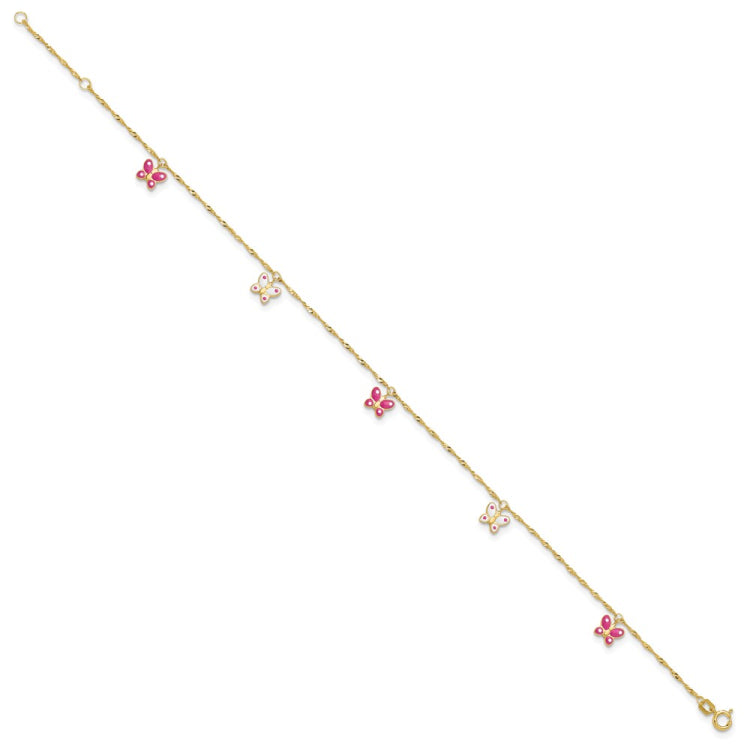 14k Pink and White Enameled Butterfly Dangles 9 inch Plus 1 inch Extender - Total 10 inch Anklet