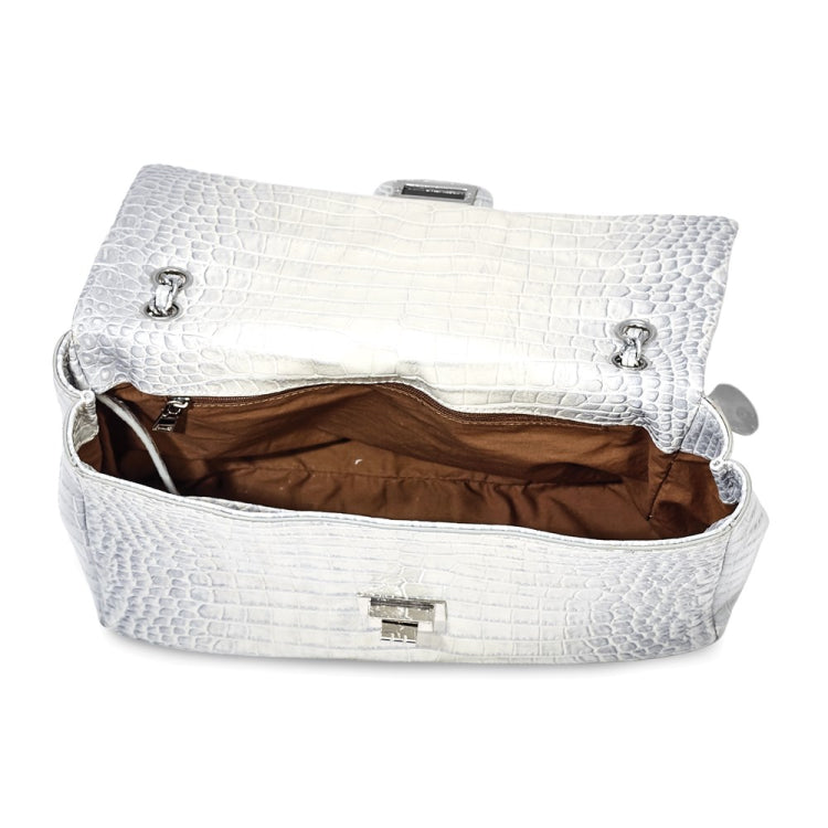 Top Grain Leather Croc Texture Silver-Grey Chain Strap Handbag with Zip Pocket, 2 Slip Pockets, and Key Fob