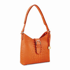 Luxury Giftware by Jere Top Grain Leather Croc Texture Marigold Orange Zip-Top Handbag with Adjustable Strap, 2 Zip Pockets, 2 Slip Pockets, Key Fob