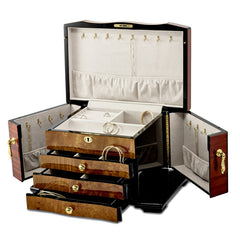 Luxury Giftware by Jere High Gloss Bubinga Veneer w/Elm Burl Inlay 3-drawer with Swing-out Sides Locking Wooden Jewelry Box