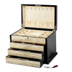 Luxury Giftware by Jere Black Oak Veneer with Iced Maple Veneer 3-drawer Locking Wooden Jewelry Chest