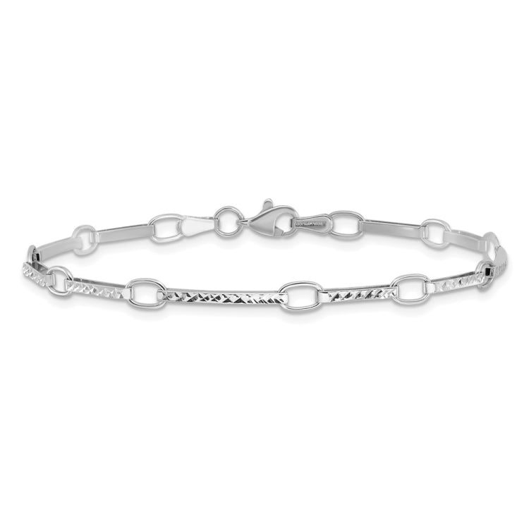 14k White Gold Polished and Textured Oval and Bar Link 7.25 inch Bracelet