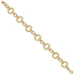 14k Polished and Textured 12mm Fancy Circle Link 7.25 inch Bracelet