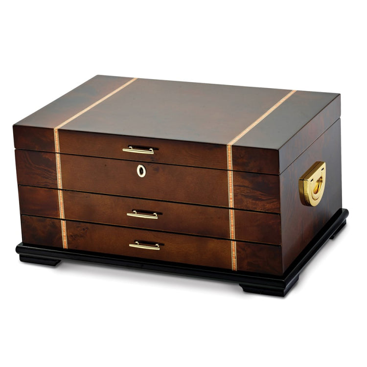 Luxury Giftware High Gloss Rustic Burlwood Veneer w/Walnut and Scrolled Inlay 2-drawer Locking Wooden Jewelry Chest