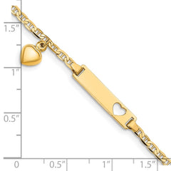 14k Polished Solid Chain/Solid Plate Cut-out Heart with Heart Dangle Anchor Link 22x5mm Plate 6 inch Baby/Child ID Bracelet