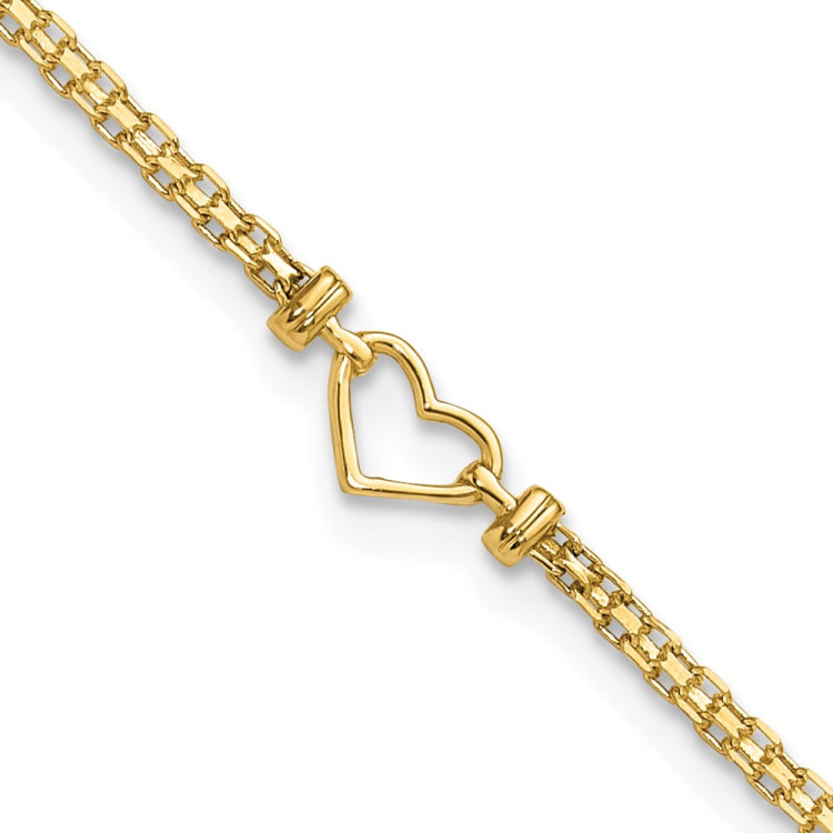 14k Polished Open Heart and Bismark Chain 10 inch Anklet