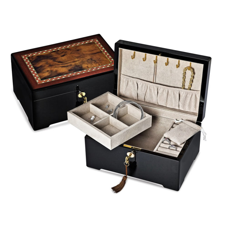 Luxury Giftware High Gloss Black Enamel w/Dark Burl Veneer and Italian Scrolled Borders Locking Wooden Jewelry Box