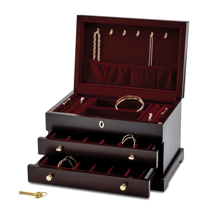 Luxury Giftware by Jere Matte Mahogany Finish Poplar Veneer 2-drawer Locking Wooden Jewelry Box