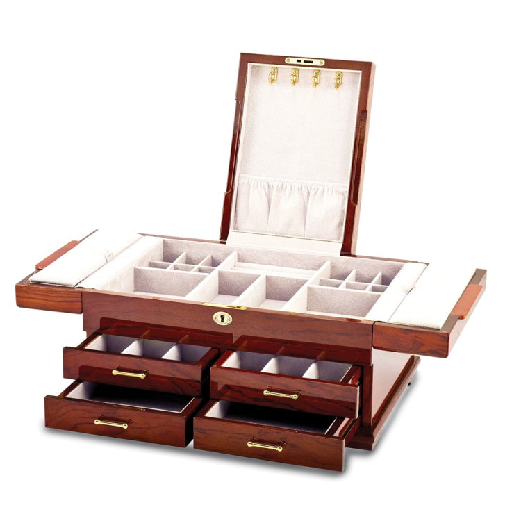 Luxury Giftware by Jere High Gloss Bubinga Veneer w/Mapa Burl and Scrolled Inlay Fold-out Top 4-drawer Locking Wooden Jewelry Box