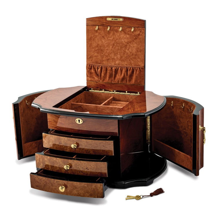 Luxury Giftware High Gloss Oak Burl Veneer w/Mapa Veneer 2-drawer with Swing-out Sides Locking Wooden Jewelry Box