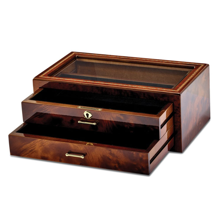 Luxury Giftware Inlay Wood Veneer Glass Window 2 Drawer Locking Collector Box