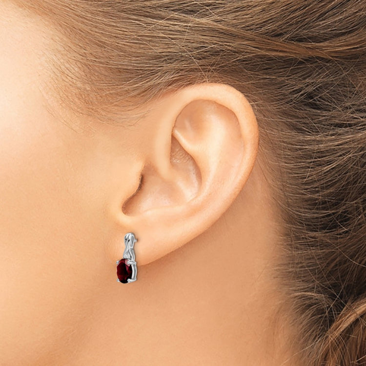 14k White Gold 7x5mm Oval Garnet and Diamond Post Earrings