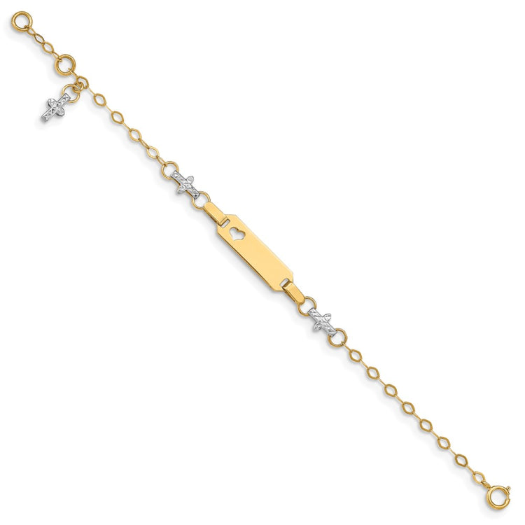 14k Two-tone Polished Textured Cross and Cut-out Heart 18x5mm Plate 4.5 inch Baby/Child ID Bracelet with 1 inch Extender
