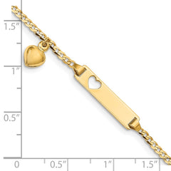 14k Polished Solid Chain/Solid Plate Cut-out Heart with Heart Dangle Curb Link 21x5mm Plate 6 inch Baby/Child ID Bracelet
