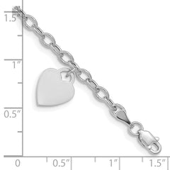 14k White Gold Engravable 14x10mm Solid Dangle Heart Charm and Hollow Chain 8.5 inch Bracelet
