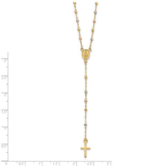 14k Tri-color Cross and Miraculous Medal with Laser-cut Beads 17 inch Rosary Necklace Plus 3 inch Extender