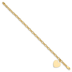 14k Engravable 19x15mm Solid Dangle Heart Charm and Hollow Chain 7.5 inch Bracelet