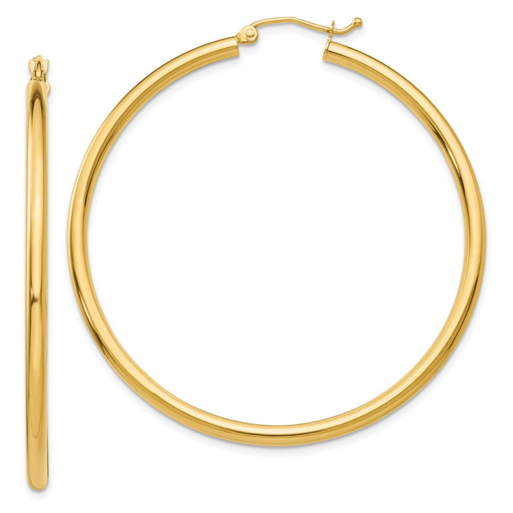 14K 2.5x50mm Polished Round Tube Hoop Earrings