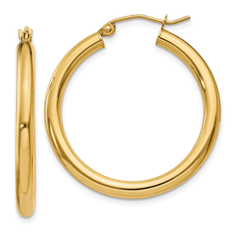 14K 3x30mm Polished Lightweight Tube Hoop Earrings