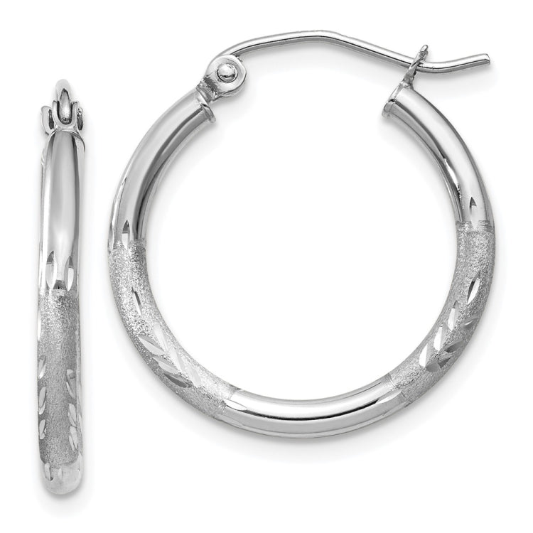 14k White Gold 2x20mm Satin Diamond-cut Round Tube Hoop Earrings