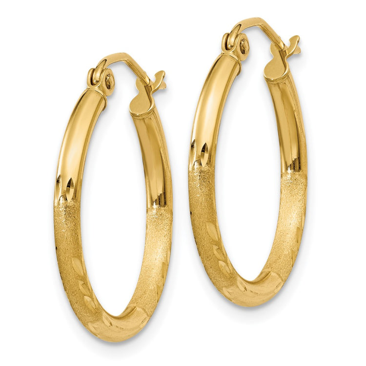 14k 2x20mm Satin Diamond-cut Round Tube Hoop Earrings