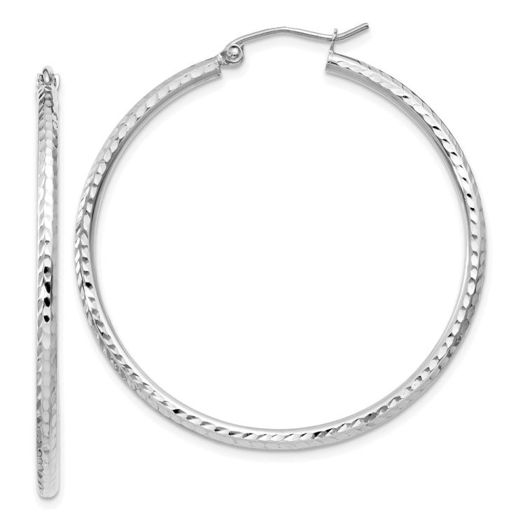 14k White Gold 2x40mm Diamond-cut Round Tube Hoop Earrings