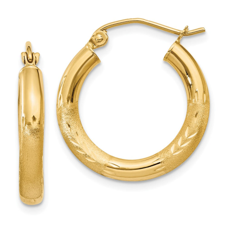 14k 3x20mm Satin Diamond-cut Round Tube Hoop Earrings