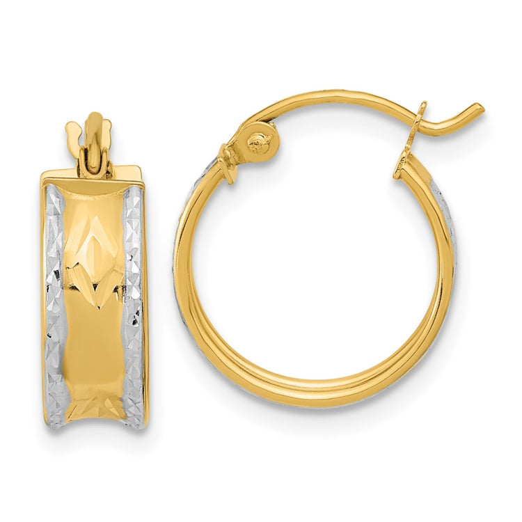 14k White Rhodium Polished Diamond-cut Hoops