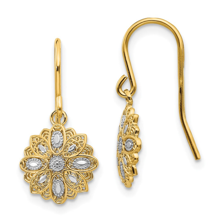 14k and White Rhodium Diamond-cut Polished Medallion Dangle Wire Earrings