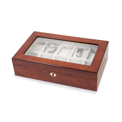 Luxury Giftware by Jere High Gloss Rosewood Finish Veneer Beveled Glass Lid Locking Wooden 10-Watch Case