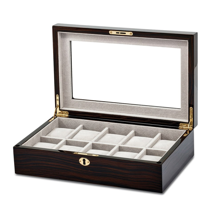 Luxury Giftware by Jere High Gloss Ebony Finish Veneer Beveled Glass Lid Locking Wooden 10-Watch Case