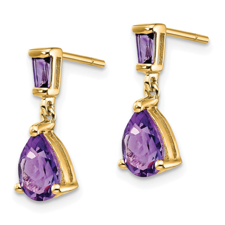 14k Pear/Baguette Amethyst Dangle Post Earrings