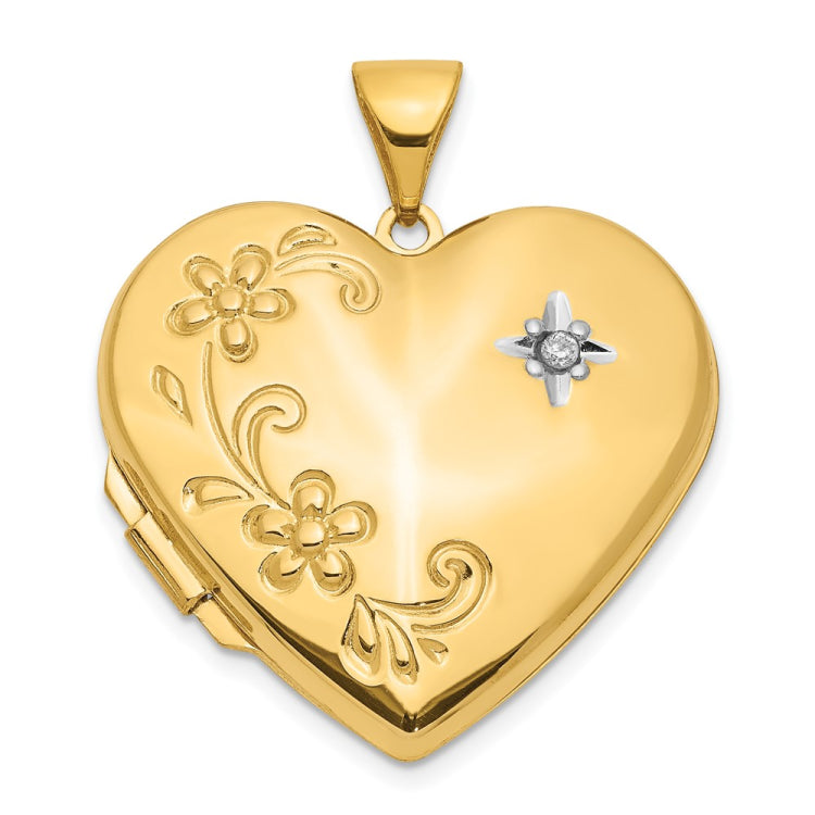 14k Diamond Floral  21mm Heart Family Locket Holds 4 Photos