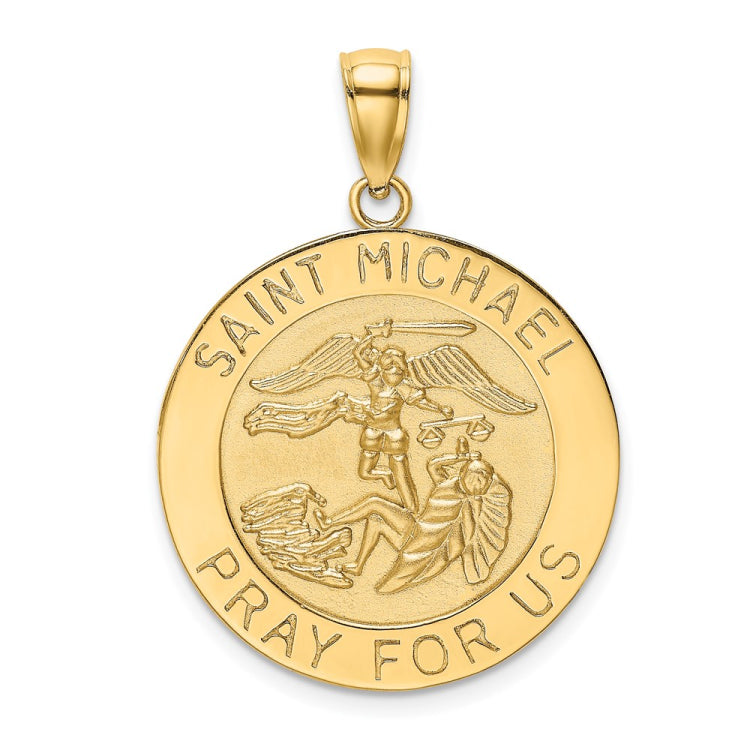 14k Polished and Satin Large St. Michael Medal Round Pendant