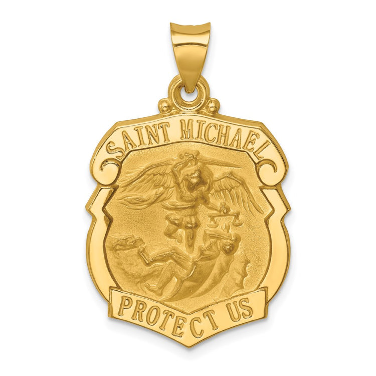 14k Polished and Satin Hollow Large St. Michael Medal Badge Pendant