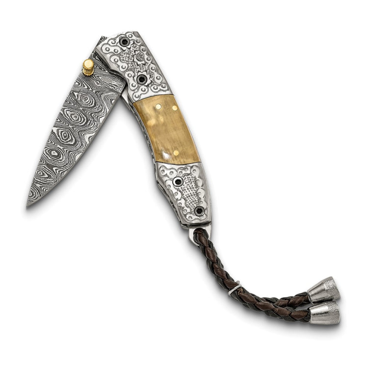 Luxury Giftware Limited Edition Damascus Steel 256 Layer Woolly Mammoth Tusk Ivory Handle Folding Knife with Leather Sheath and Wooden Gift Box