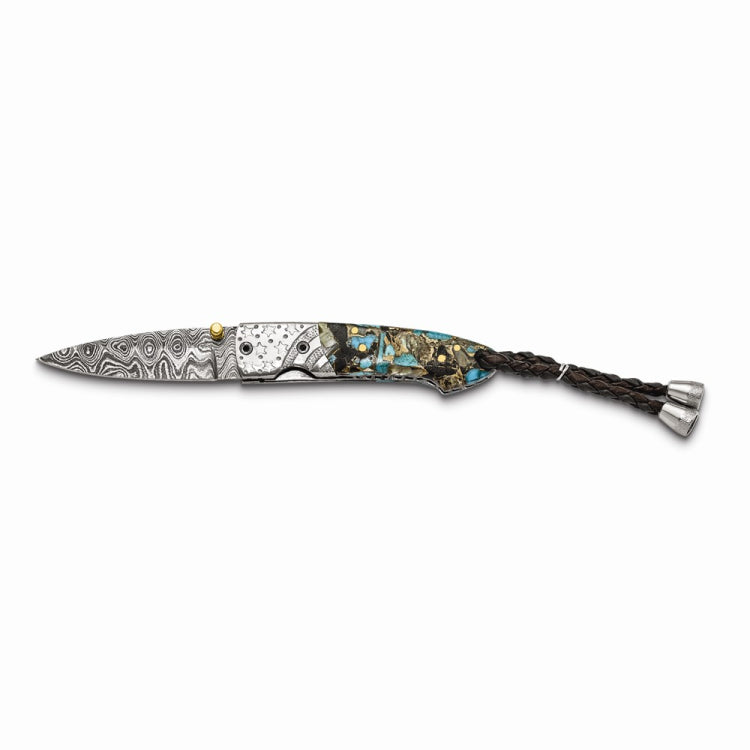 Luxury Giftware Damascus Steel 256 Layer Folding Blade Turquoise/Abalone/Obsidian/Bronze Handle Knife with Leather Sheath and Wooden Gift Box