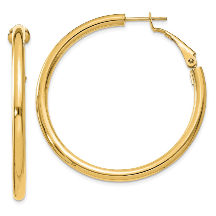 14k 3x41mm Polished Round Omega Back Tube Hoop Earrings