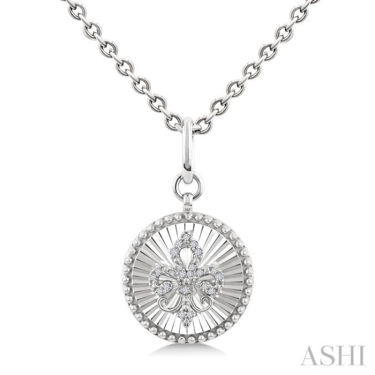 1/10 Ctw Round fluted medallion Round Cut Diamond Pirouette Fleur-De-Lis Pendant With Chain in Sterling Silver