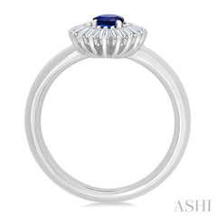 6X4 MM Oval Cut Sapphire and 1/3 Ctw Baguette Cut Diamond Halo Precious Fashion Ring in 14K White Gold