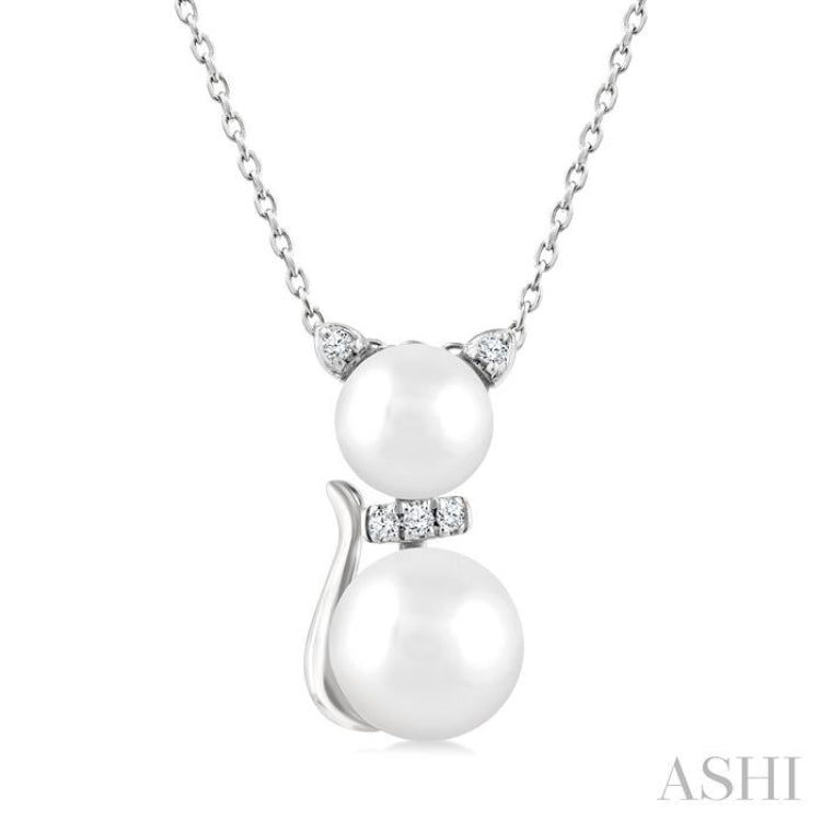 6&7 MM Cultured Pearl and 1/20 Ctw Round Cut Diamond Cat Shape Petite Fashion Pendant With Chain in 10K White Gold